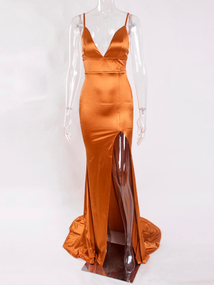 Evening wear Dresses: Red Evening Gown Strappy Split Leg Floor Length Long