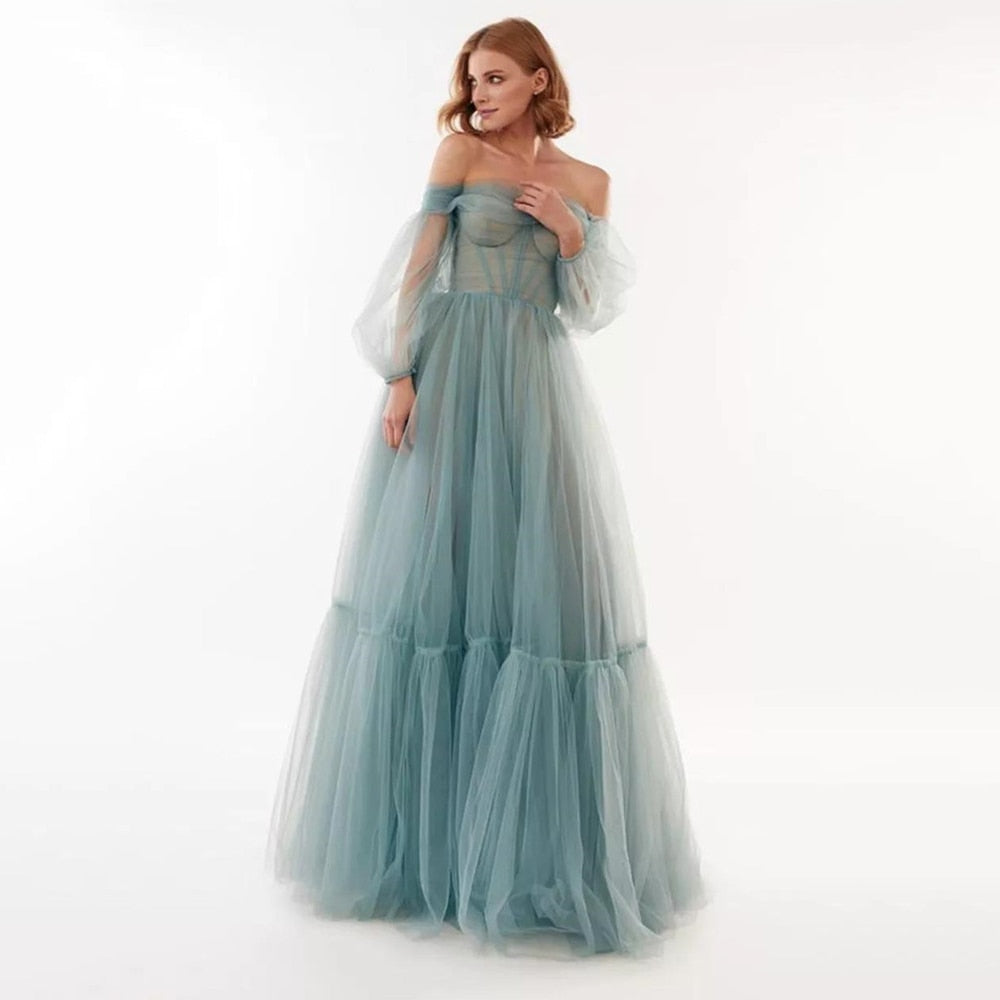 Evening wear Dresses: Puff Sleeve Evening Dresses  Off The Shoulder  Prom Gown
