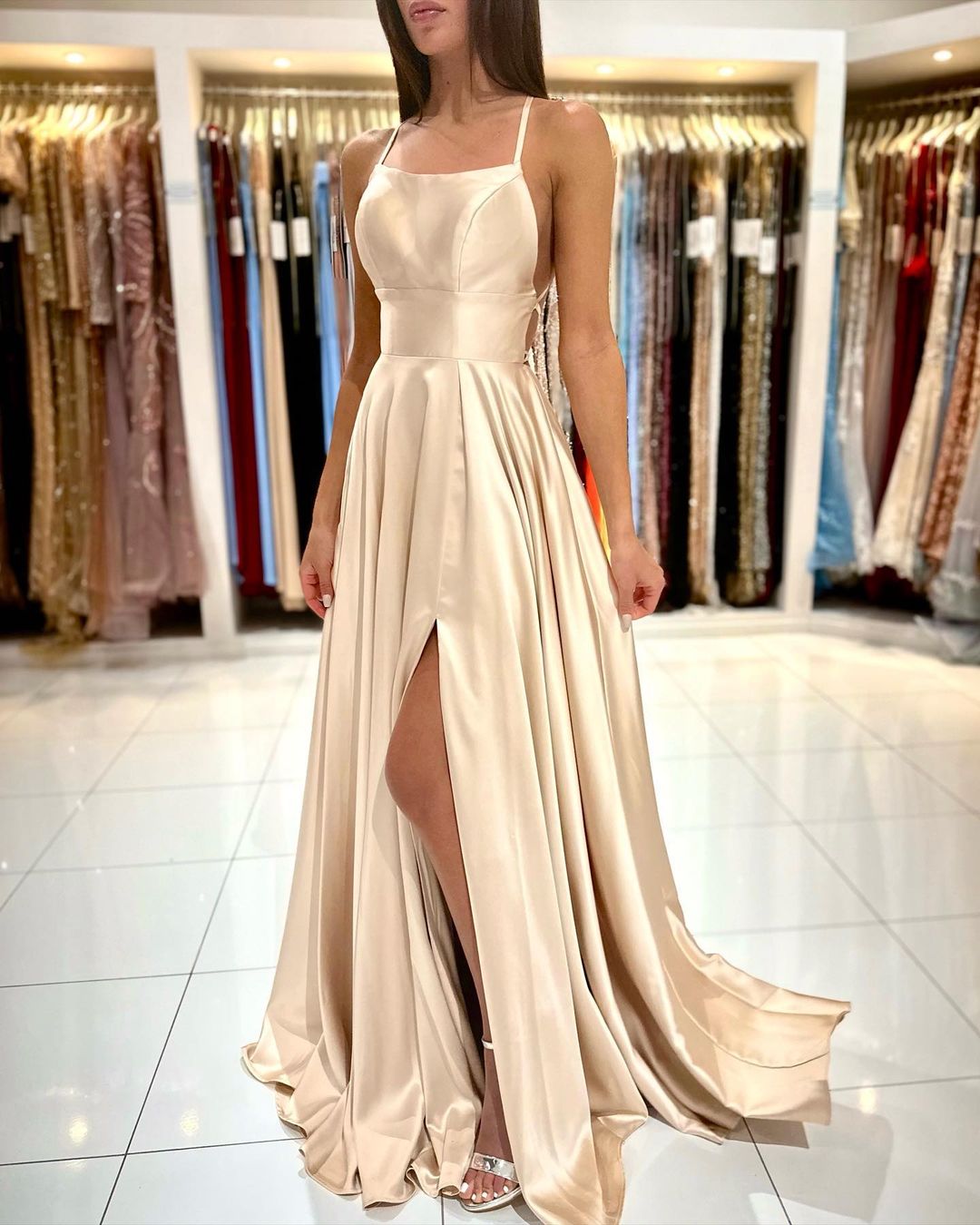 Homecoming Dresses: Prom Dress Satin A-line Gown with Strappy Lace Up Back