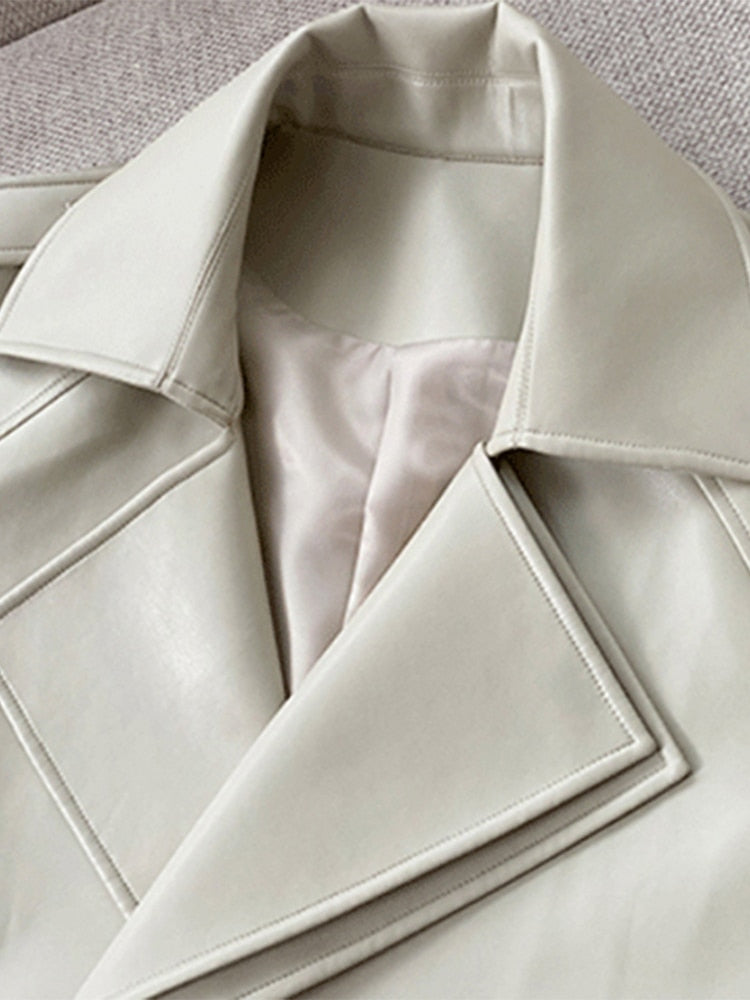 Spring Autumn Long Faux Leather Trench Coat for Women Belt Double