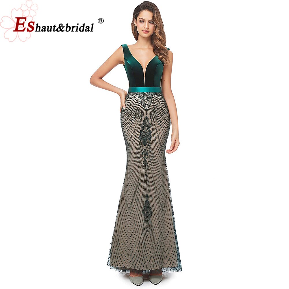 Evening wear Dresses: Black Velvet Mermaid Evening Night Dress for Women V Neck