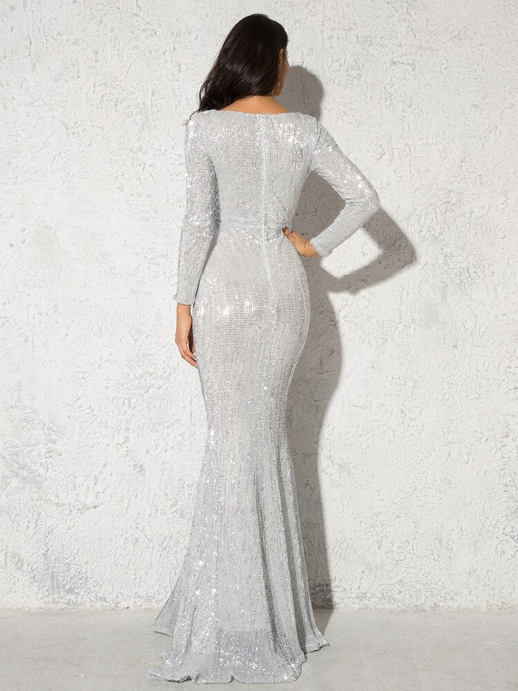 Homecoming Dresses: Long Sleeve Maxi Prom Dress Sequin Stretchy O Neck Full Lining