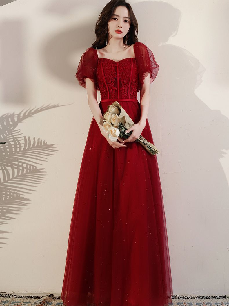 Evening wear Dresses: Red Women Prom Dress Illusion Lace Applique Tulle