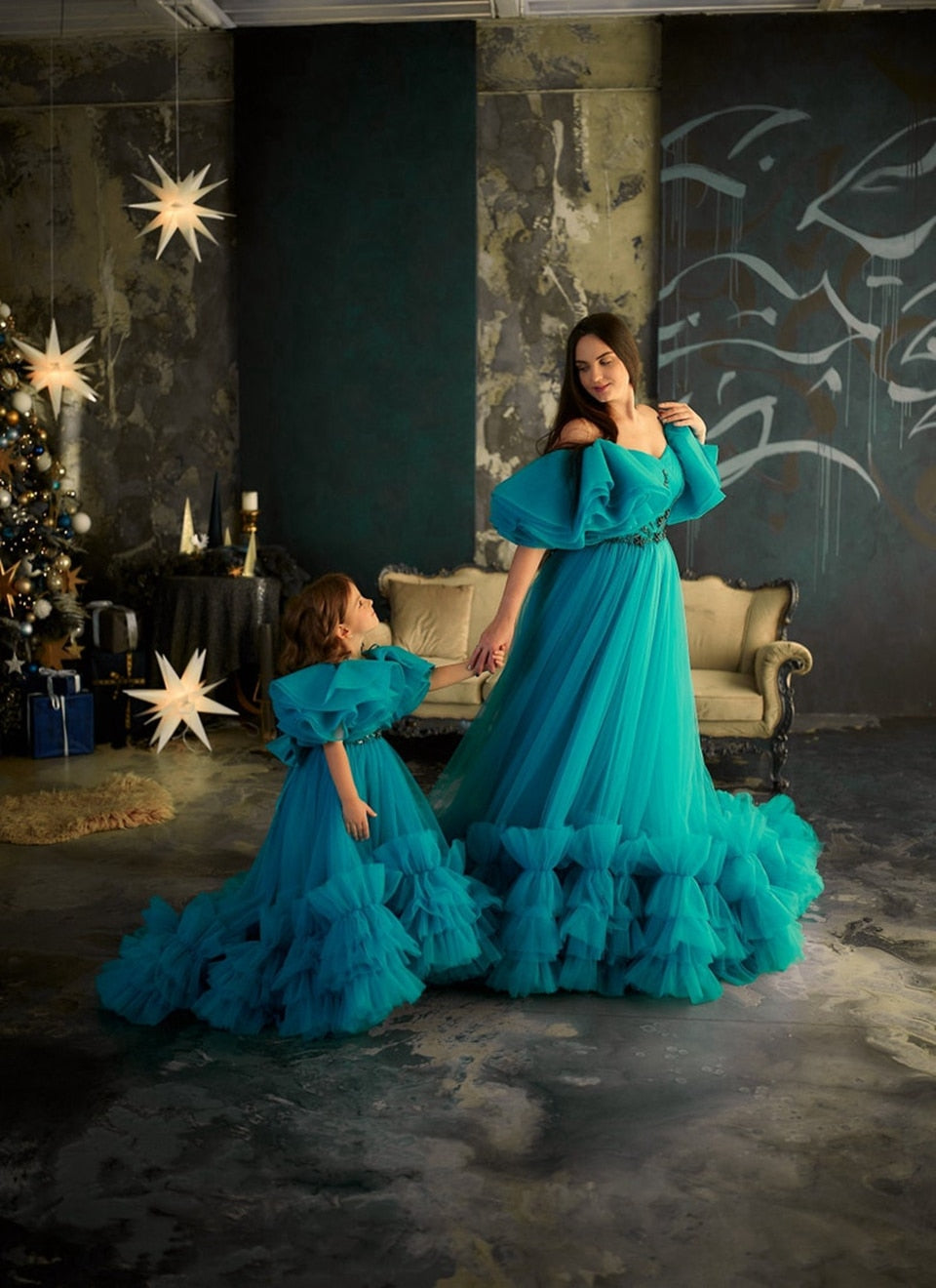 Evening wear Dresses: Mother And Daughter Matching Tulle Fluffy Dresses Ruffle