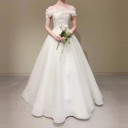 White Bridesmaid Dresses: Ivory Wedding Dress Off-Shoulder Floor Length Short Sleeves