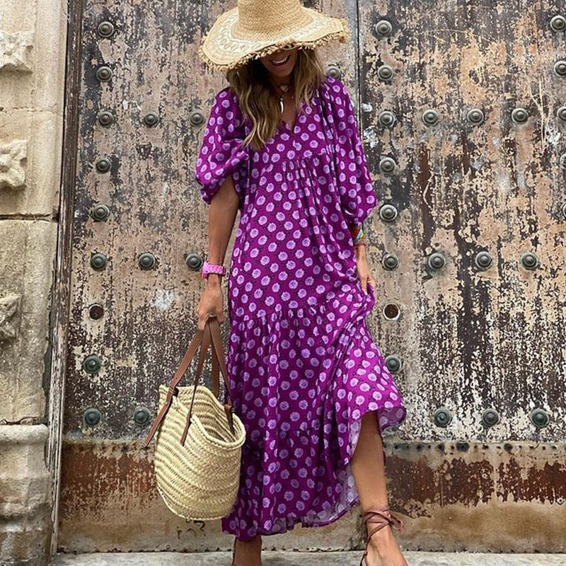 Puff Sleeve Boho Maxi Dress Elegant Women Summer Casual Floral Drawstring V-Neck Loose Holiday Beach Dresses