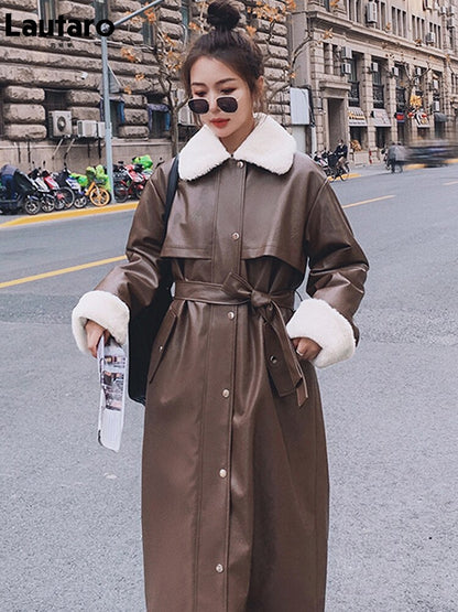Lautaro Winter Long Warm Thick Leather Trench Coat for Women with Faux Fur