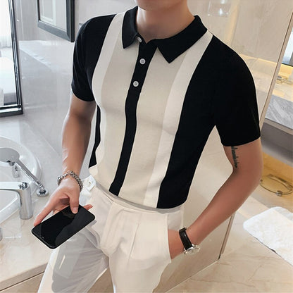 POLO Shirt Men Stripe Patchwork Knitting Casual Lapel Pullover Summer Fashion