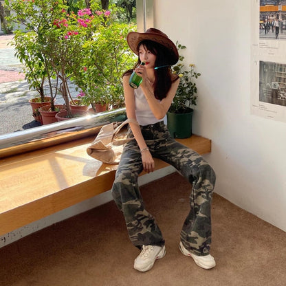 Streetwear Camouflage Jeans Woman High Waist Trend Trousers Korean