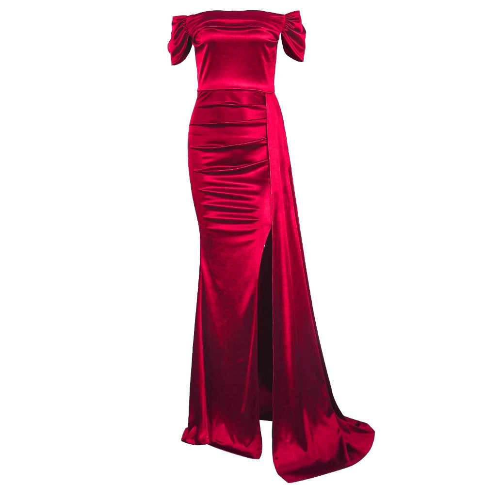 Evening wear Dresses: Women Off the Shoulder Fashion Burgundy Prom Gown