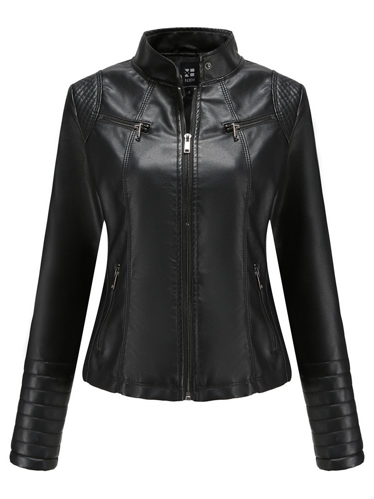 Women Faux Leather Jacket Autumn Winter Long Sleeve Plus Size Fashion