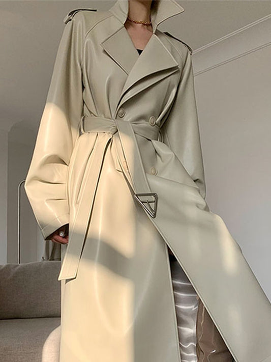 Spring Autumn Long Faux Leather Trench Coat for Women Belt Double