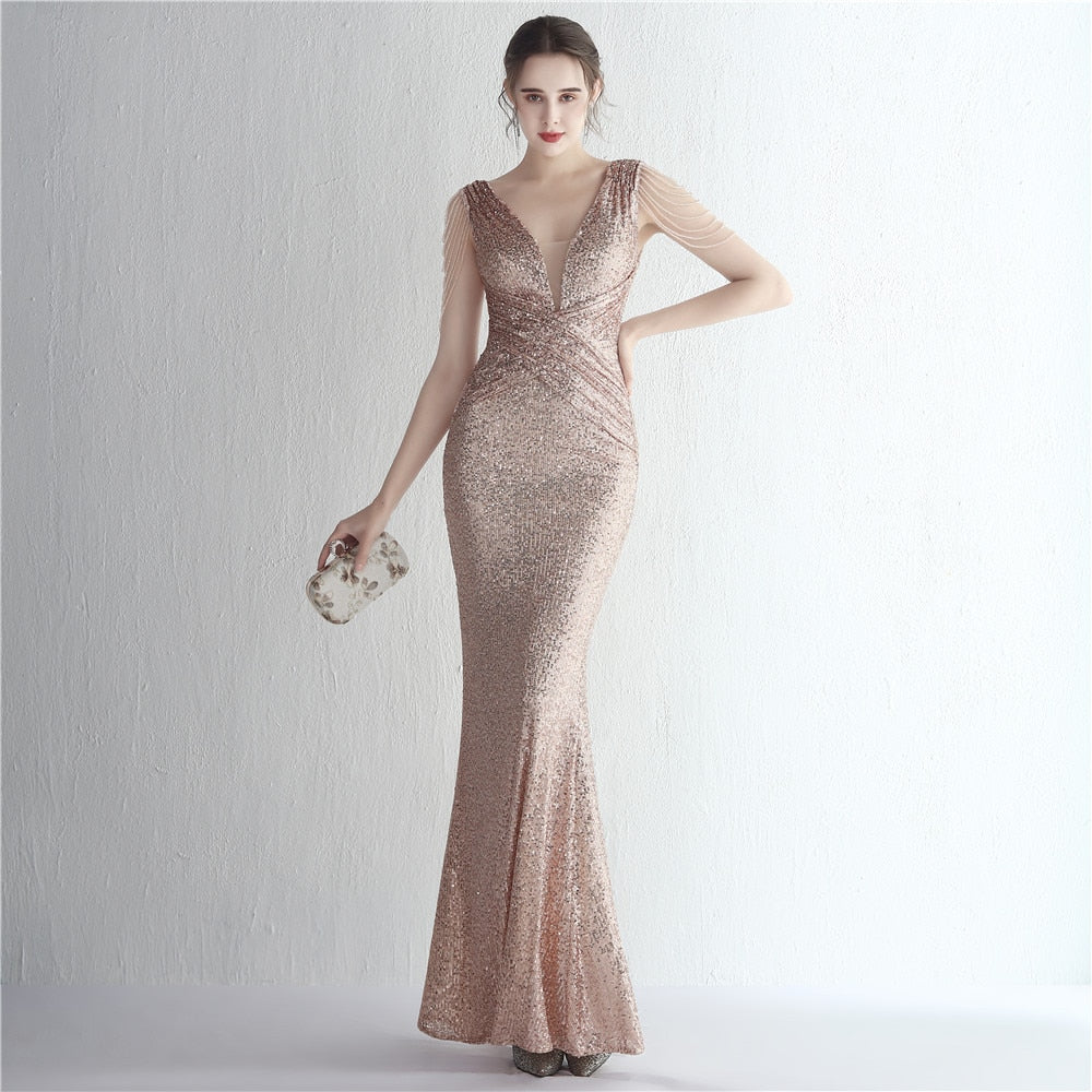 Evening wear Dresses: Evening Dress Long Mermaid Deep V Neck Sequins Maxi