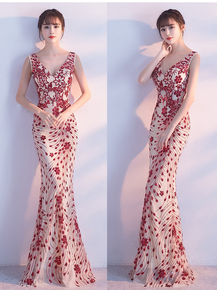 Evening wear Dresses: Evening Dress Sleeveless Sequins Robe De Soiree V-neck Tulle