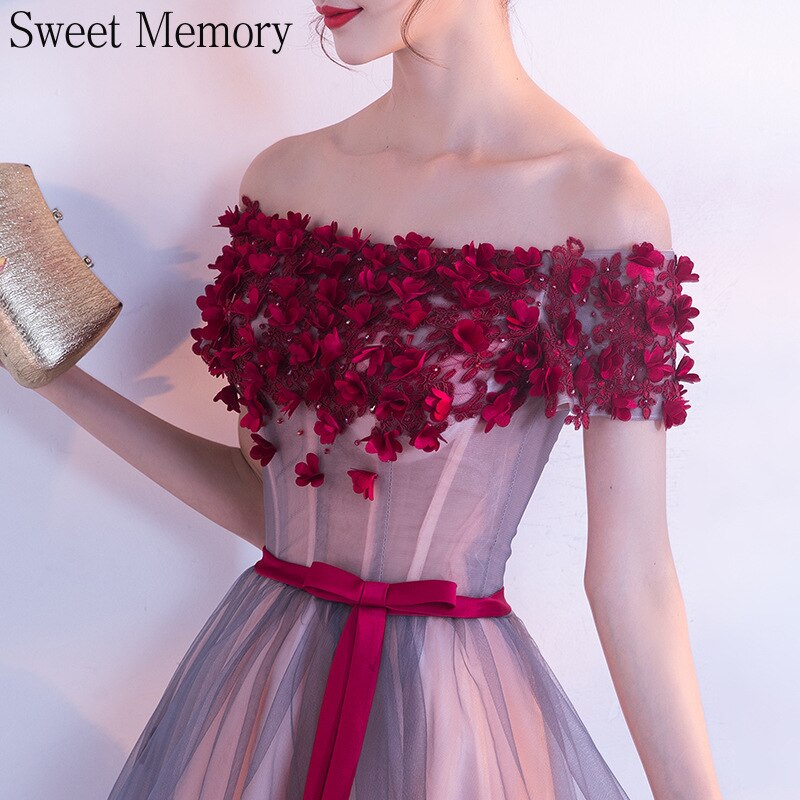 Homecoming Dresses: Dark Red Purple Prom Dresses With Flowers Boat Neck Lace