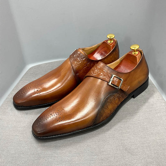 Fashion Mens Monk Strap Dress Shoes Print Genuine Leather