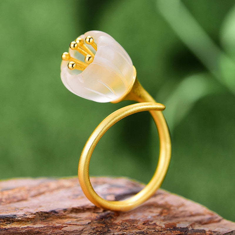 Lotus Fun Real 925 Sterling Silver 18k Gold Ring Natural Crystal Handmade