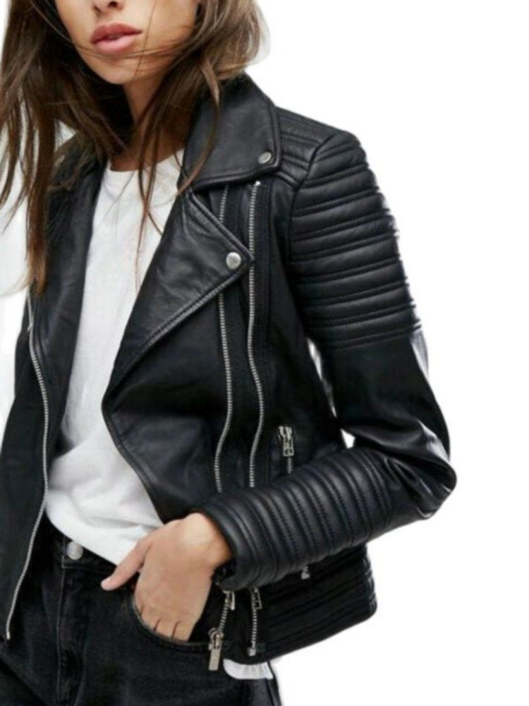 Fashion Women Autumn Winter Motorcycle Faux Leather Jackets Lady Long