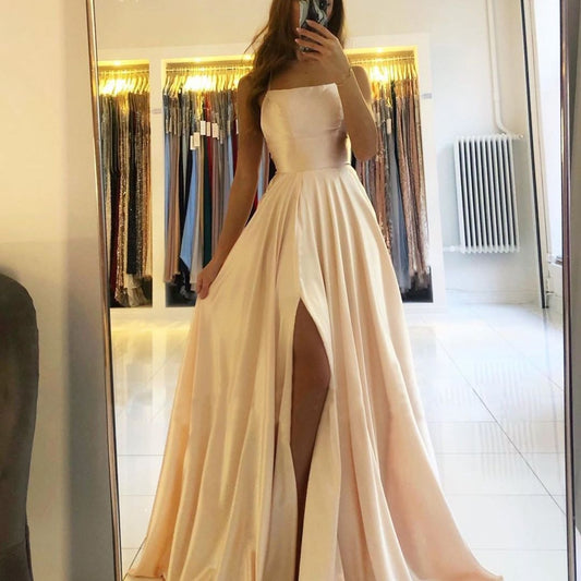 Homecoming Dresses: Women Mint Prom Dress Spaghetti Strap Satin Slit Side Dress