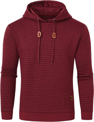 Men Hoodies Long Sleeve Plaid Jacquard Pullover Drawstring Solid Tracksuit