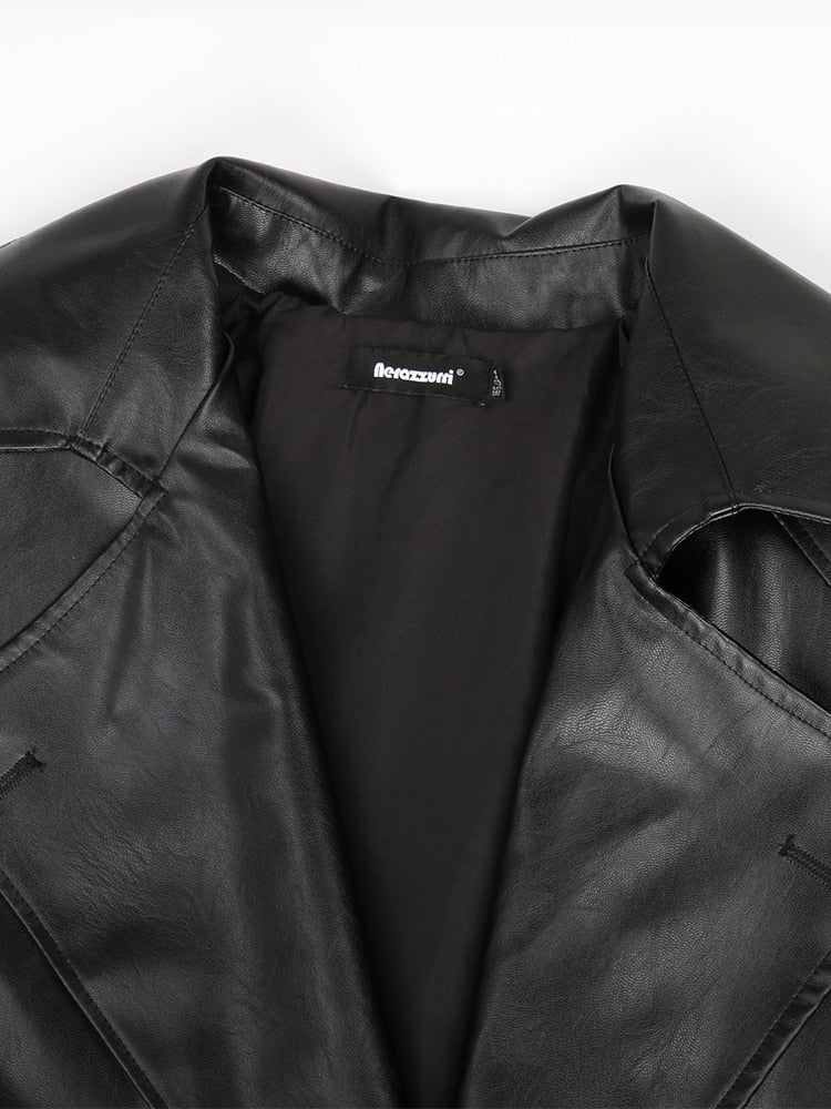 Spring Autumn Long Oversized Black Pu Leather Trench Coat
