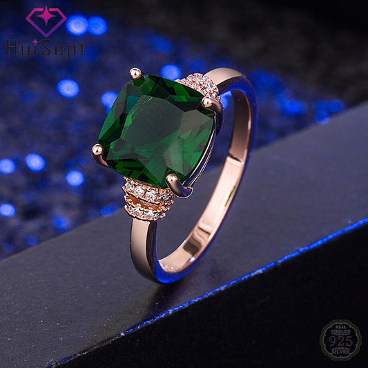 HuiSept Fashion Women Ring 925 Silver Jewelry Square Shape 8*8mm Emerald