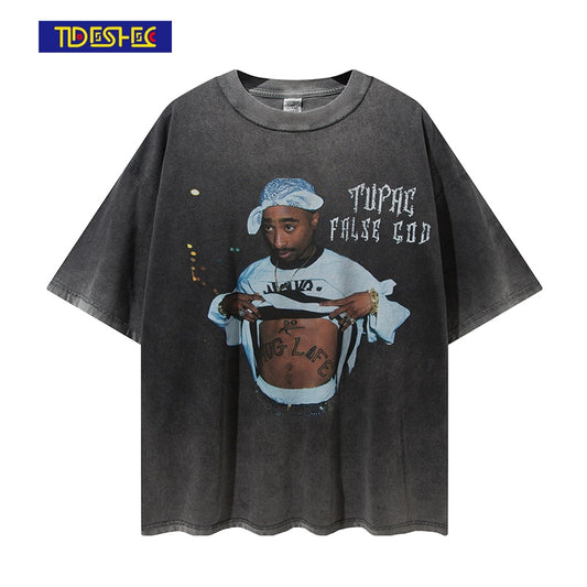 Men Hip Hop Rap 2pac Graphic Print T Shirt Summer Casual Short Sleeve T-Shirts