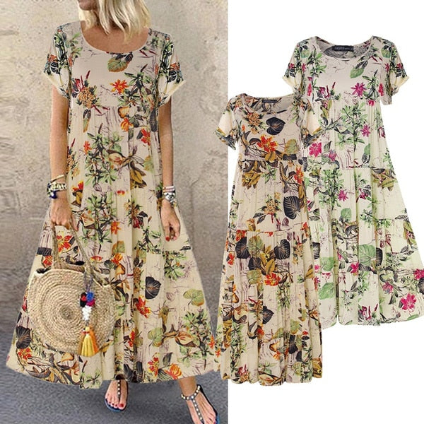 Vintage Floral Long Dress Women Summer Elegant Linen Short Sleeve Boho Maxi