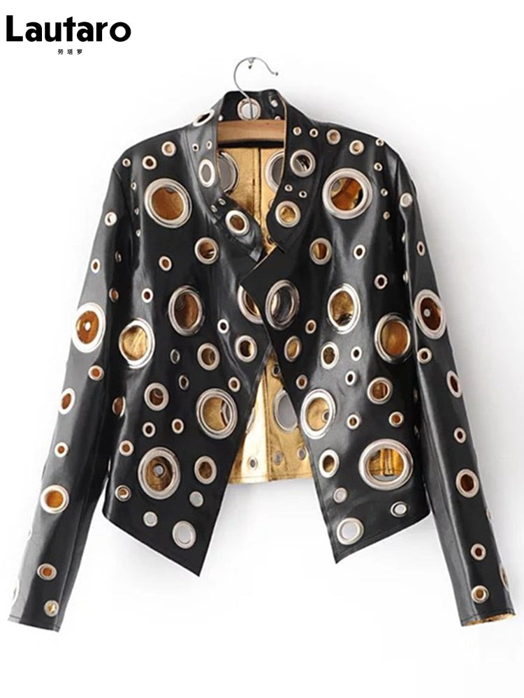 Runway Cut Out Short Faux Leather Jacket Golden Rivet Cool Stylish