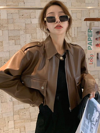 Lautaro Spring Short Brown Casual Faux Leather Jackets for Women
