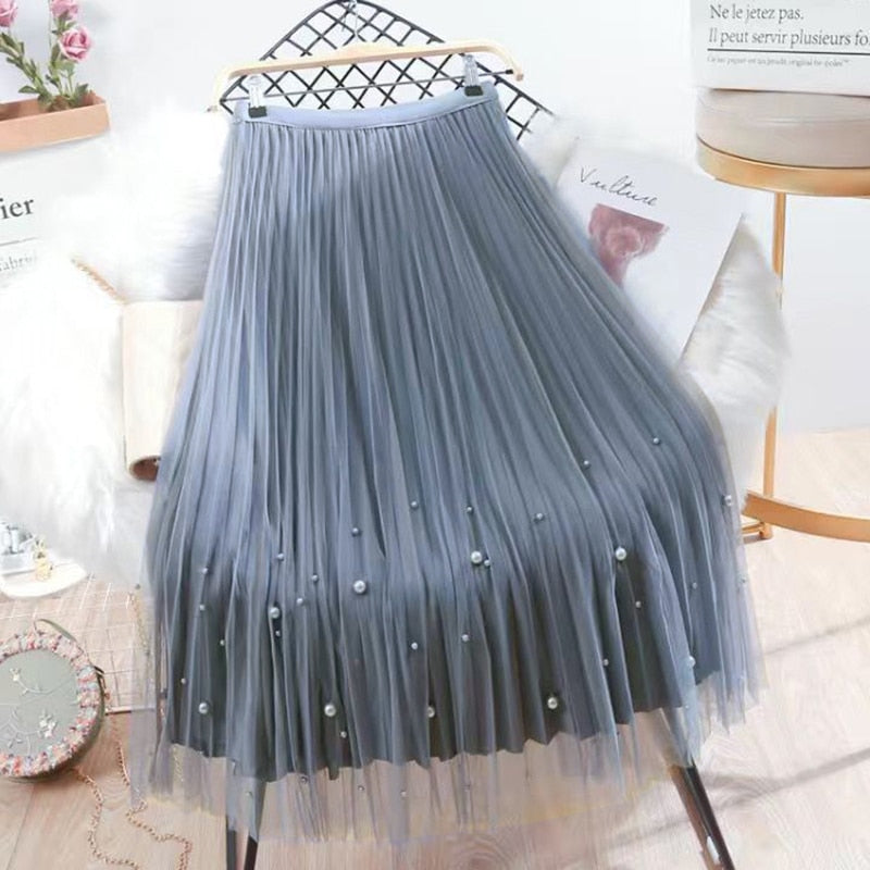 Rimocy Both Sides Wear Pearls Mesh Skirt Women Summer Velvet High Waist