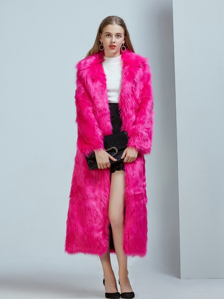High Street Luxury Long Faux Fur Coat Women Vintage Slim Red Pink Faux fur