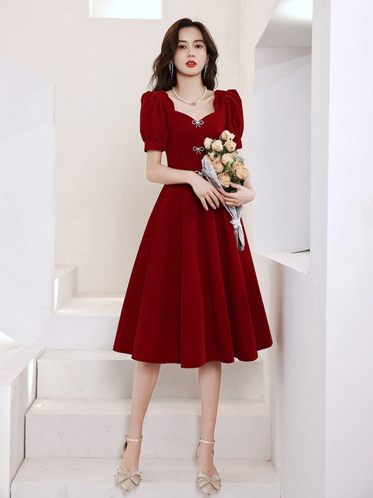 Homecoming Dresses: Red Women Prom Dress Simple French Style Short Sleeve
