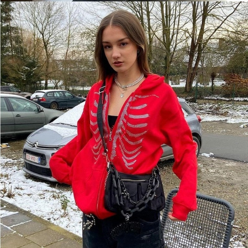 Rhinestone Skeleton Hoodies Women Gothic Black Zip Up Oversized