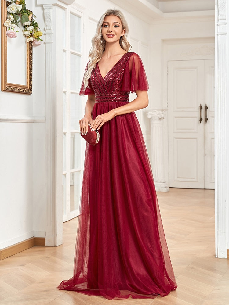 Evening wear Dresses: A-LINE Chiffon Short Sleeve V-Neck Simple Sequins Wedding