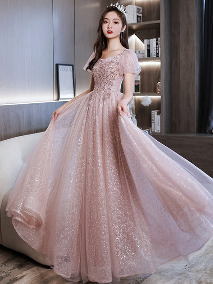 Pink Women Prom Dress Beading Sequins Puff Sleeve Slim A-Line Banquet