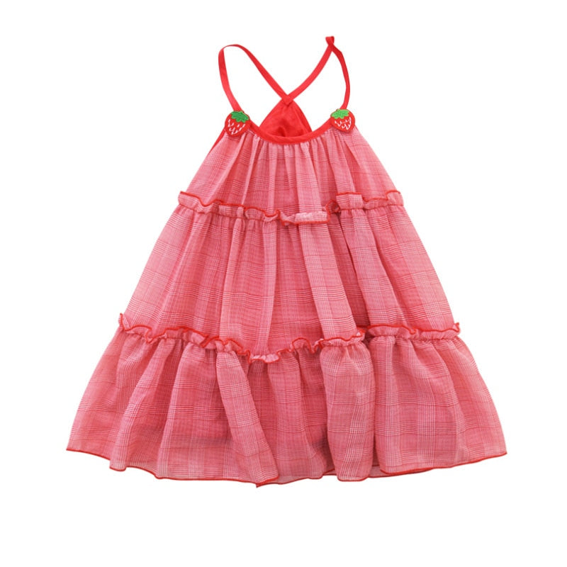 Summer Girls Dress Sweet Strawberry Net Yarn Suspender Dress Baby Kids Clothes
