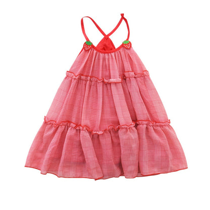 Summer Girls Dress Sweet Strawberry Net Yarn Suspender Dress Baby Kids Clothes