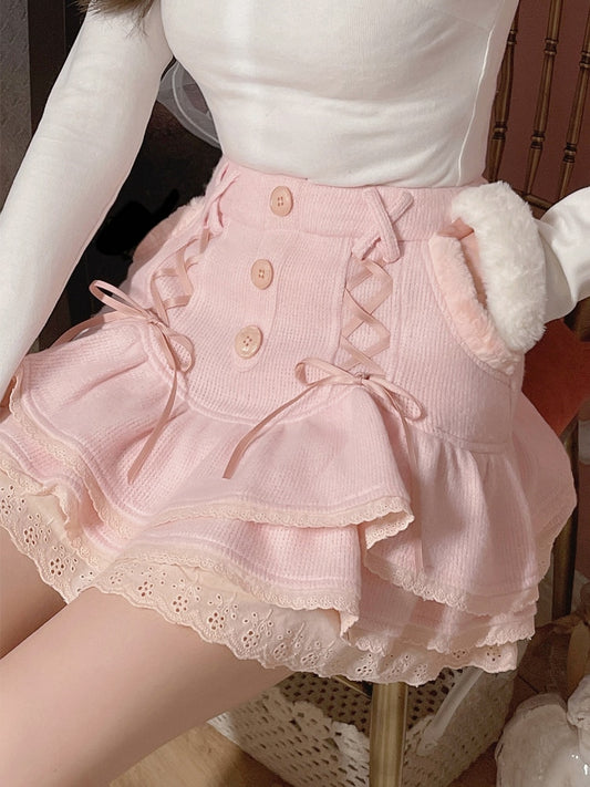 Kawaii Lolita Mini Skirt Women Winter Lace Casual Elegant Sweet Female Skirt