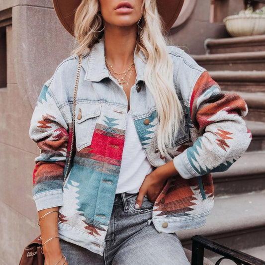 Retro Denim Jacket Long Sleeved Lapel Loose Denim Stitching Woolen
