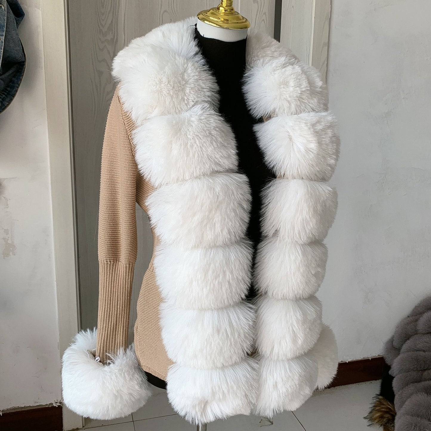 Women Faux Fur Knit Sweater cardigan Spring Autumn elegant Knitted sweater