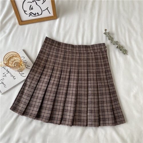 Korean Style Plaid Pleated Skirt Female Spring and Autumn High Waist Thin A-line