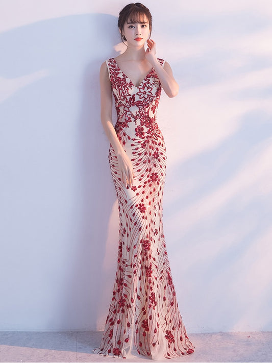 Evening wear Dresses: Evening Dress Sleeveless Sequins Robe De Soiree V-neck Tulle