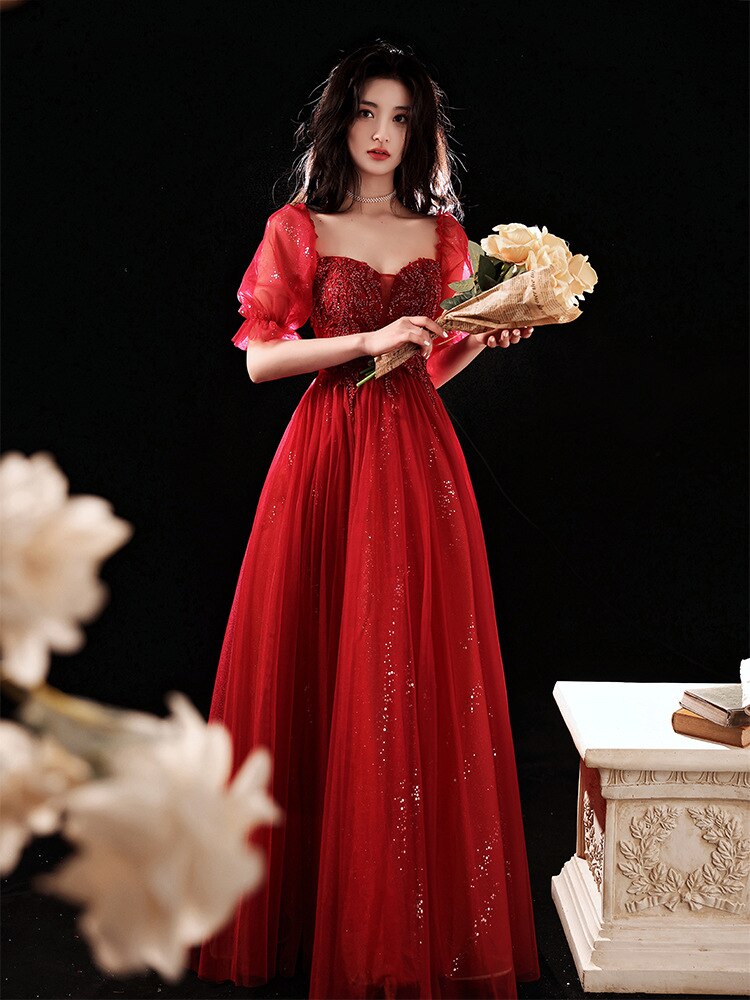 Evening wear Dresses: Prom Dress Sequins Mesh Sleeve Appliques Party Ball Gowns