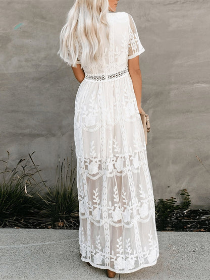 Summer Boho Women Maxi Dress Loose Embroidery White Lace long Tunic Beach Dress Vacation Holiday Women Clothing