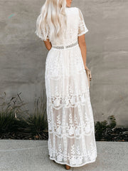 Summer Boho Women Maxi Dress Loose Embroidery White Lace long Tunic Beach Dress