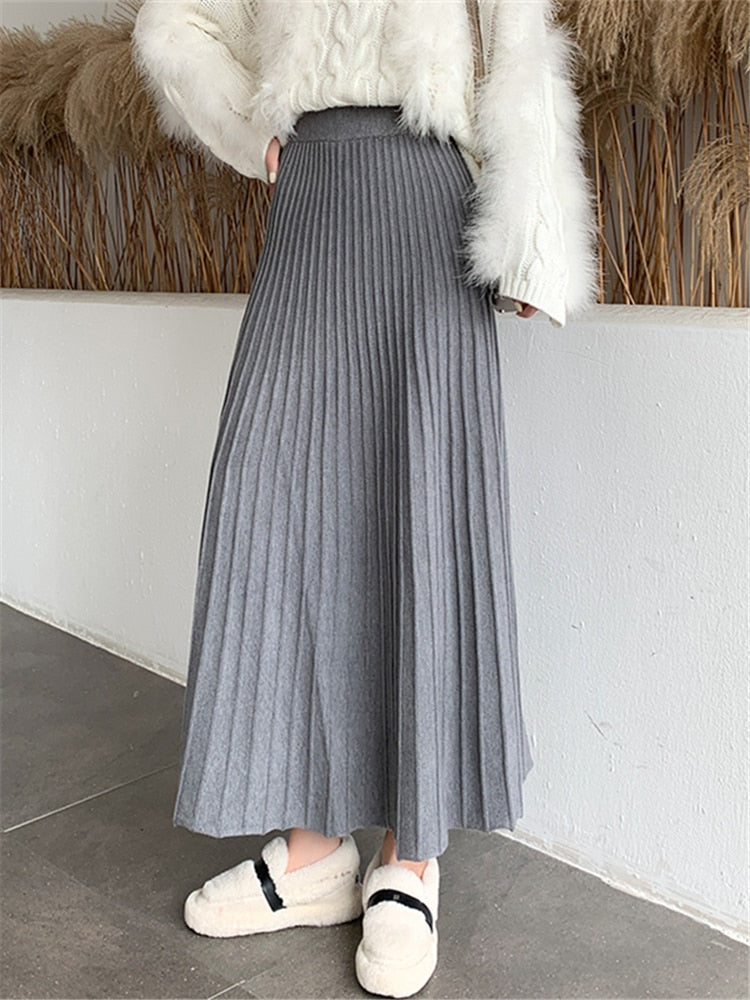 Thicken Women Knitted A-line Skirt Elegant Autumn