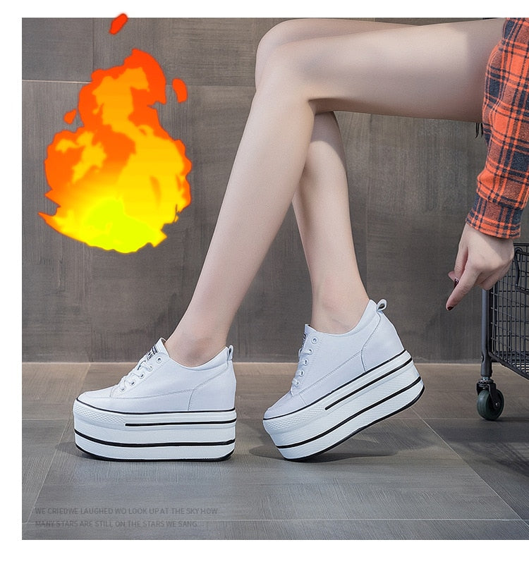 Fujin Super High Thick Heel Platform Flats Women Casual Shoes Genuine Leather