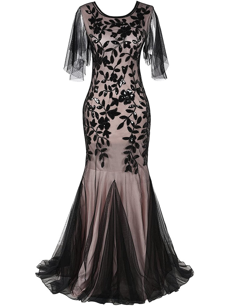 Homecoming Dresses: Short-Sleeve Tulle Embroidered Evening Dress Elegant