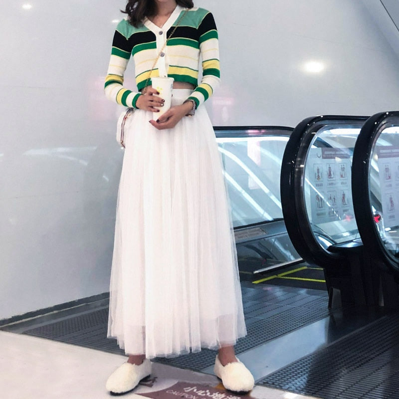 Vintage Bohemian Tulle Long Skirt Women Elastic High Waist  A-line Pleated Mesh